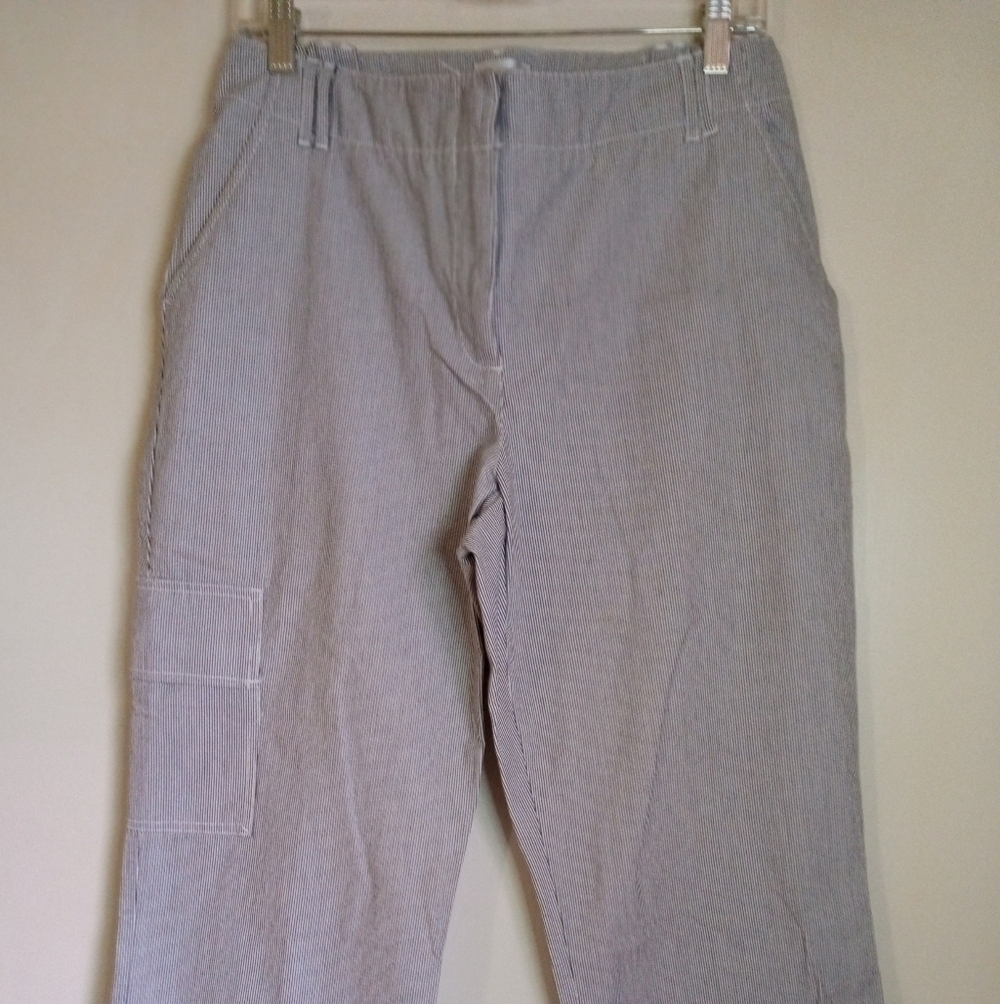 Chicos cropped blue and white striped cargo pants women size 1